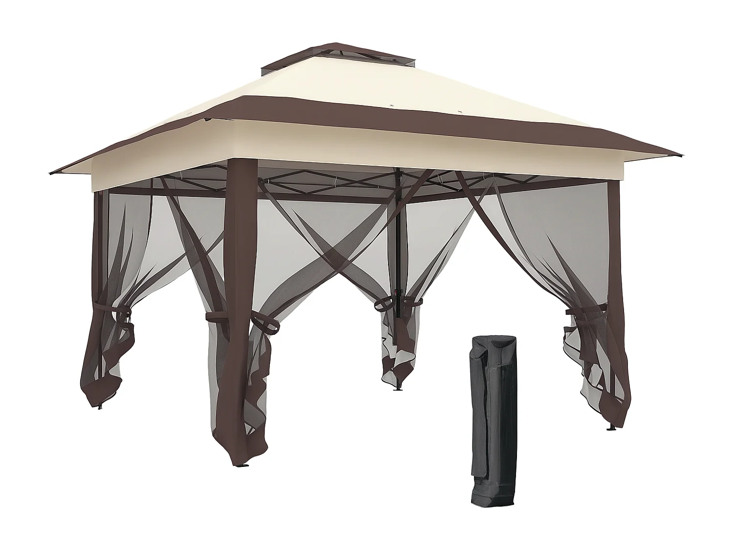 Tonnelle barnum de jardin pop-up pliant 3,64L x 3,64l x 2,98H m acier polyester moustiquaires + sac de transport à roulettes beige marron