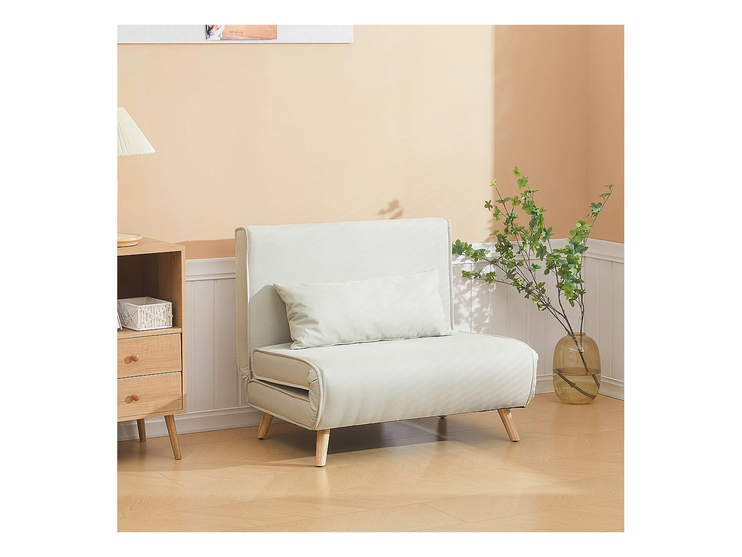 Fauteuil convertible chauffeuse style nordique dossier réglable coussin inclus blanc cassé