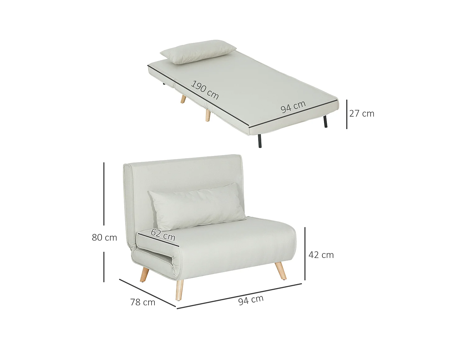 Fauteuil convertible chauffeuse style nordique dossier réglable coussin inclus blanc cassé