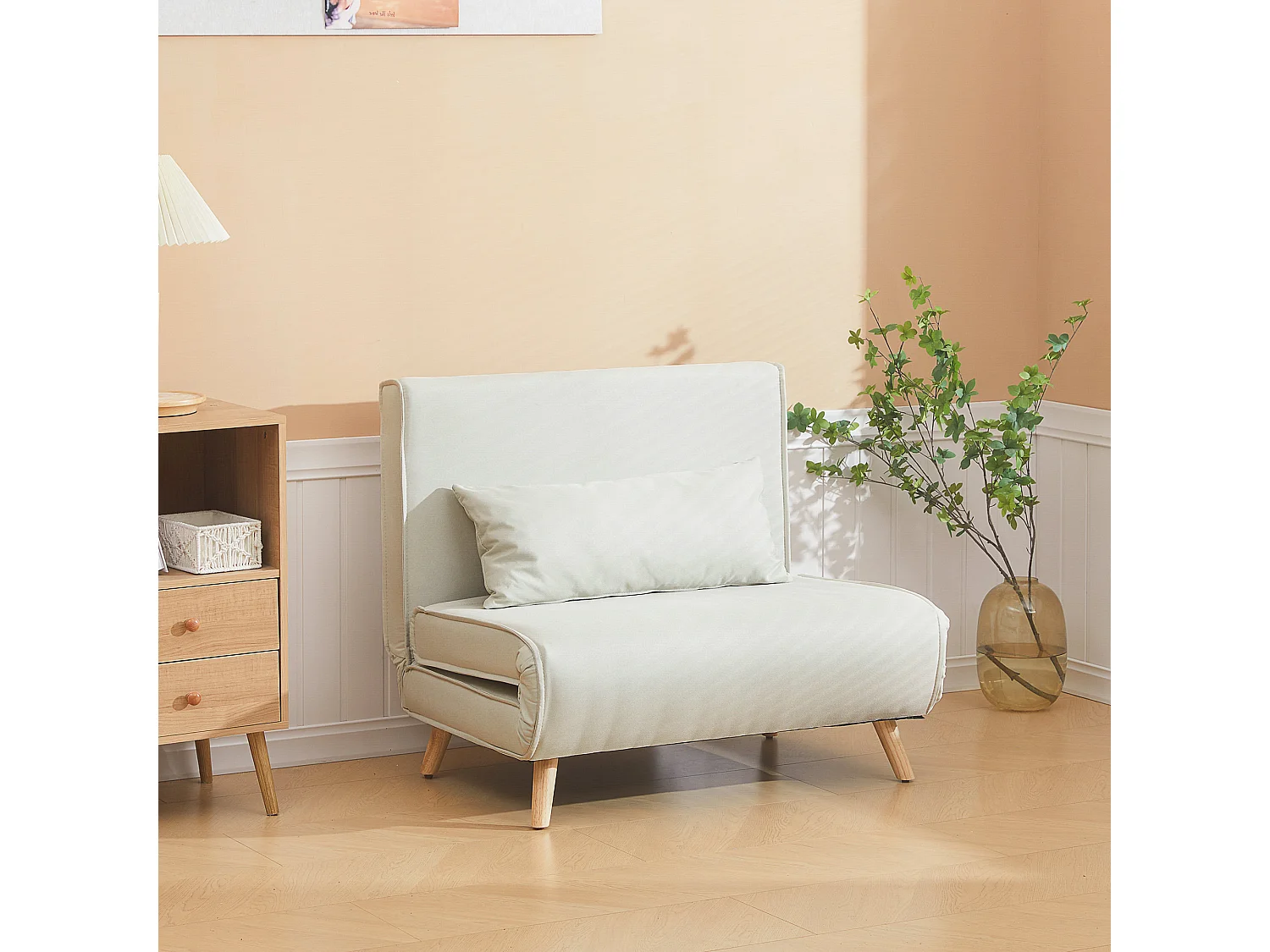 Fauteuil convertible chauffeuse style nordique dossier réglable coussin inclus blanc cassé