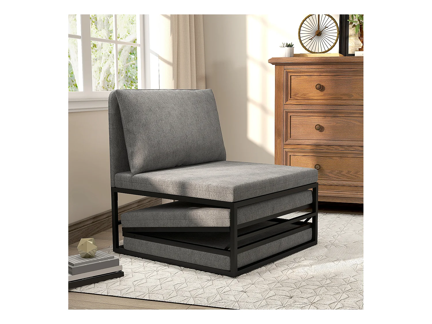 Fauteuil convertible chauffeuse coussin et housse inclus métal noir tissu gris