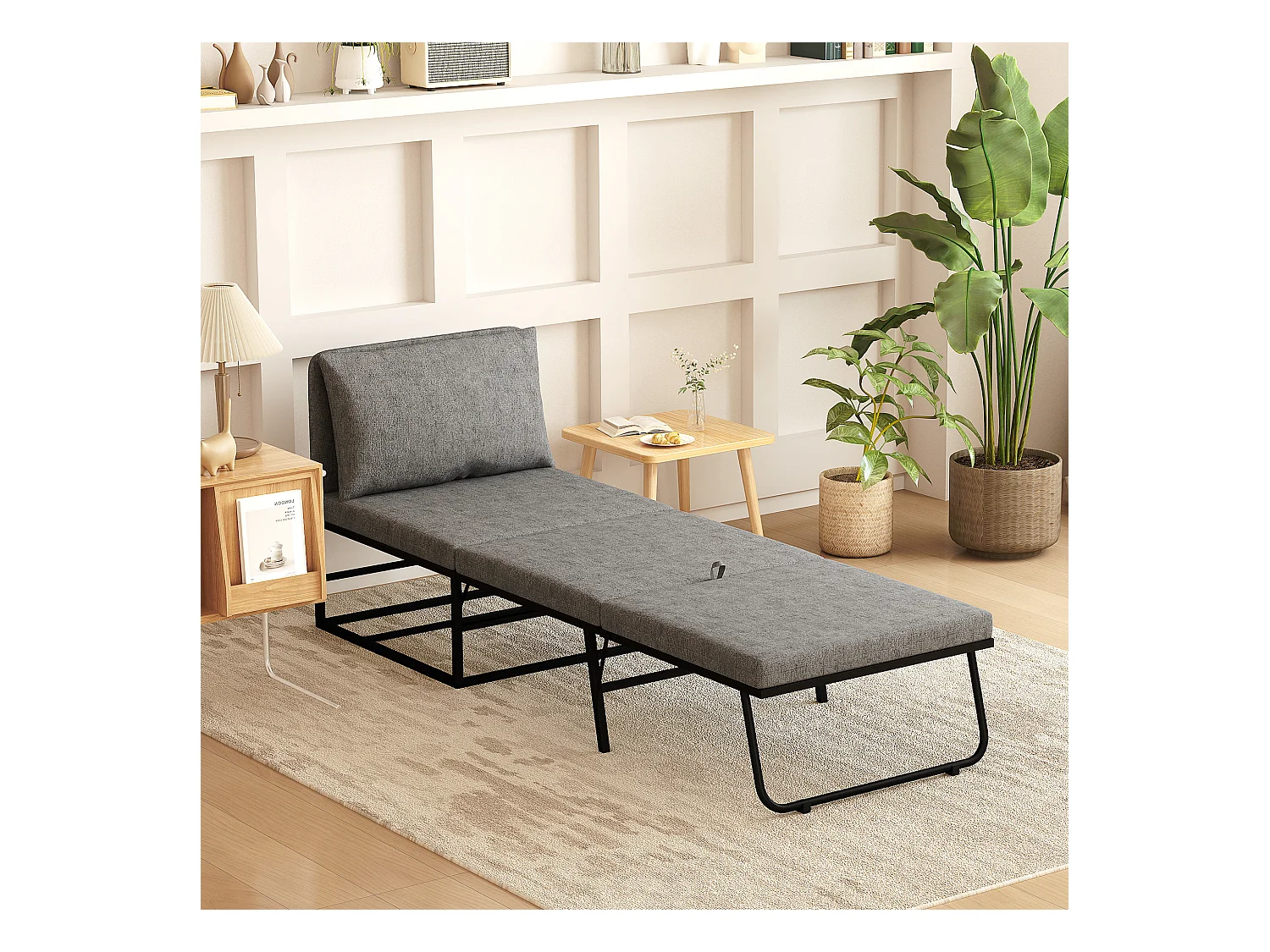 Fauteuil convertible chauffeuse coussin et housse inclus métal noir tissu gris