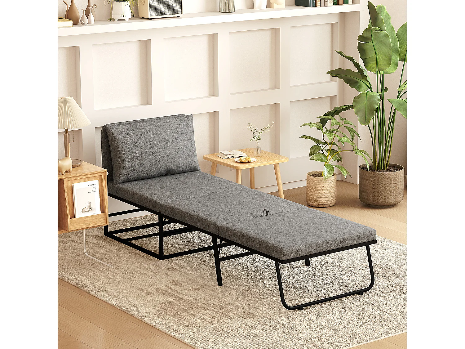 Fauteuil convertible chauffeuse coussin et housse inclus métal noir tissu gris