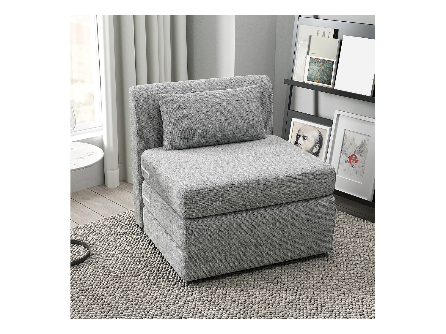 Matelas lit fauteuil futon chauffeuse pliable pliant longueur 203 cm coussin inclus tissu effet lin gris chiné