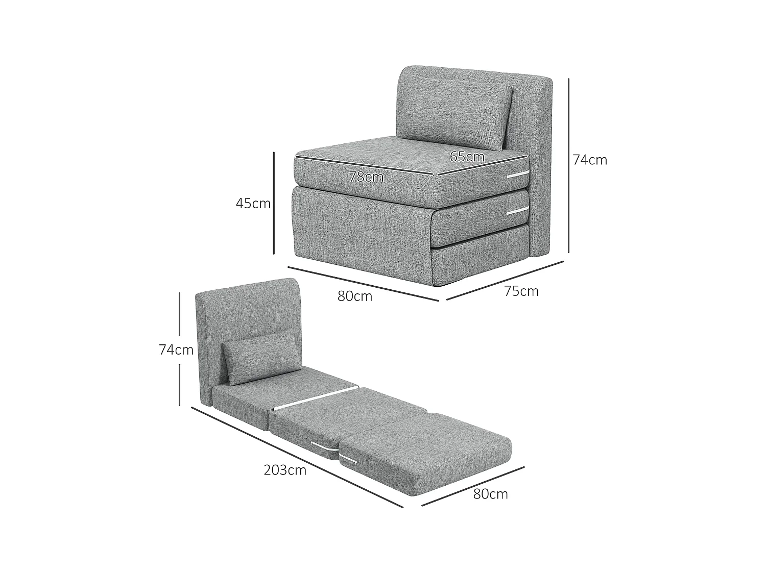 Matelas lit fauteuil futon chauffeuse pliable pliant longueur 203 cm coussin inclus tissu effet lin gris chiné