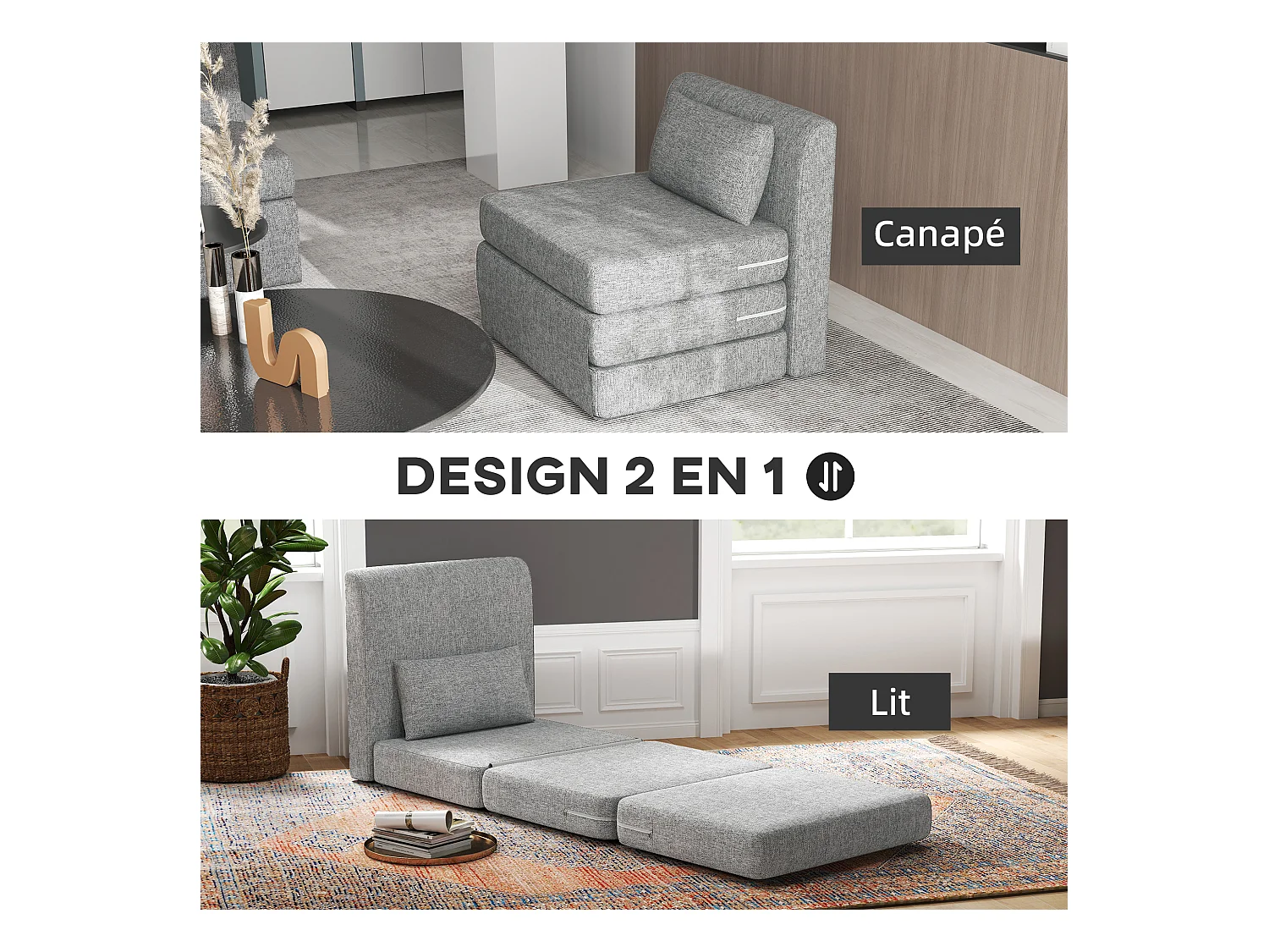 Matelas lit fauteuil futon chauffeuse pliable pliant longueur 203 cm coussin inclus tissu effet lin gris chiné