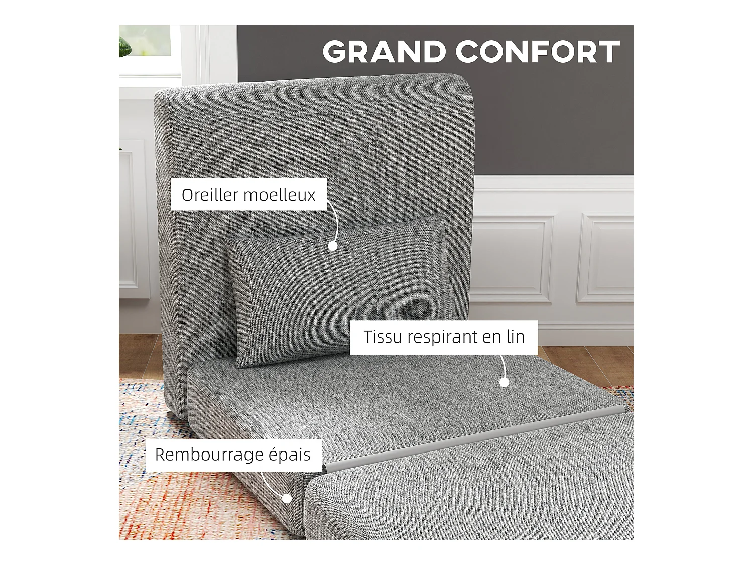 Matelas lit fauteuil futon chauffeuse pliable pliant longueur 203 cm coussin inclus tissu effet lin gris chiné