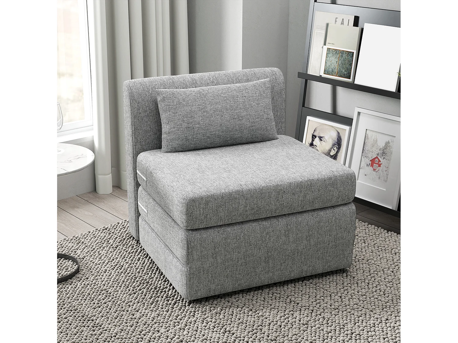 Matelas lit fauteuil futon chauffeuse pliable pliant longueur 203 cm coussin inclus tissu effet lin gris chiné