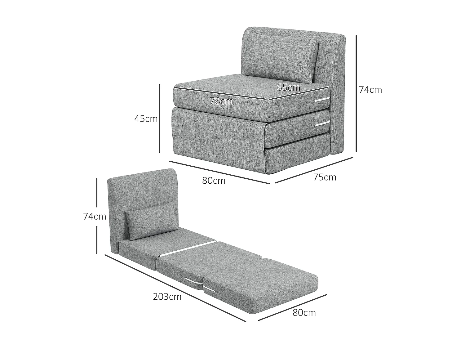 Matelas lit fauteuil futon chauffeuse pliable pliant longueur 203 cm coussin inclus tissu effet lin gris chiné