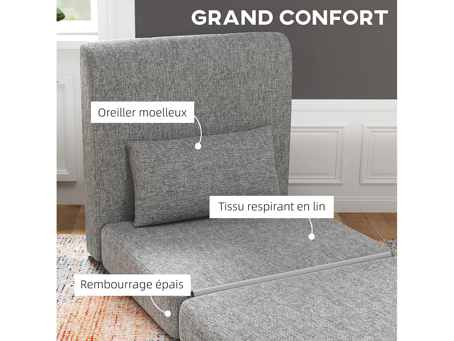 Matelas lit fauteuil futon chauffeuse pliable pliant longueur 203 cm coussin inclus tissu effet lin gris chiné