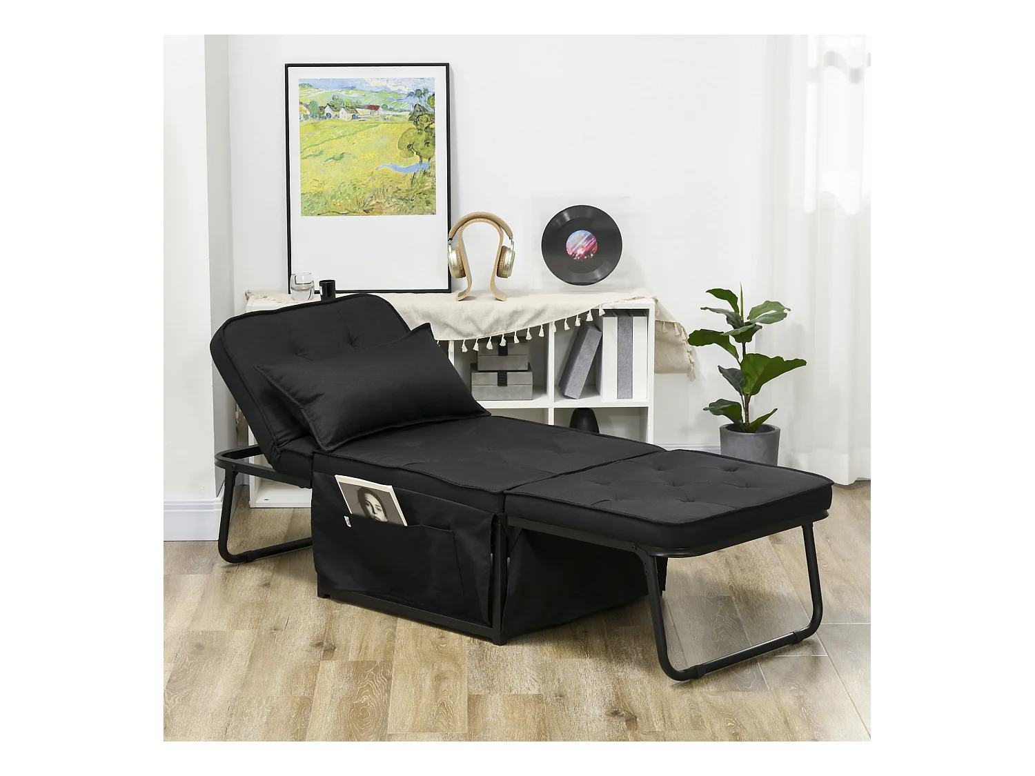 Fauteuil chaise longue lit pouf 4 en 1 dossier inclinable 5 niveaux repose-pied rabattable châssis acier noir tissu noir