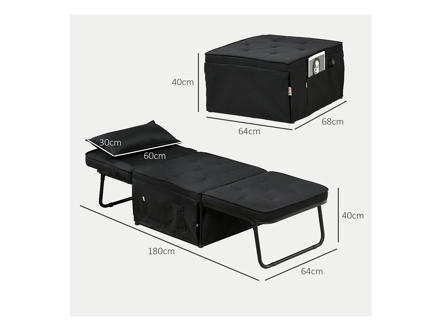 Fauteuil chaise longue lit pouf 4 en 1 dossier inclinable 5 niveaux repose-pied rabattable châssis acier noir tissu noir