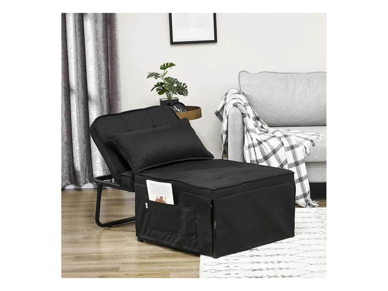 Fauteuil chaise longue lit pouf 4 en 1 dossier inclinable 5 niveaux repose-pied rabattable châssis acier noir tissu noir