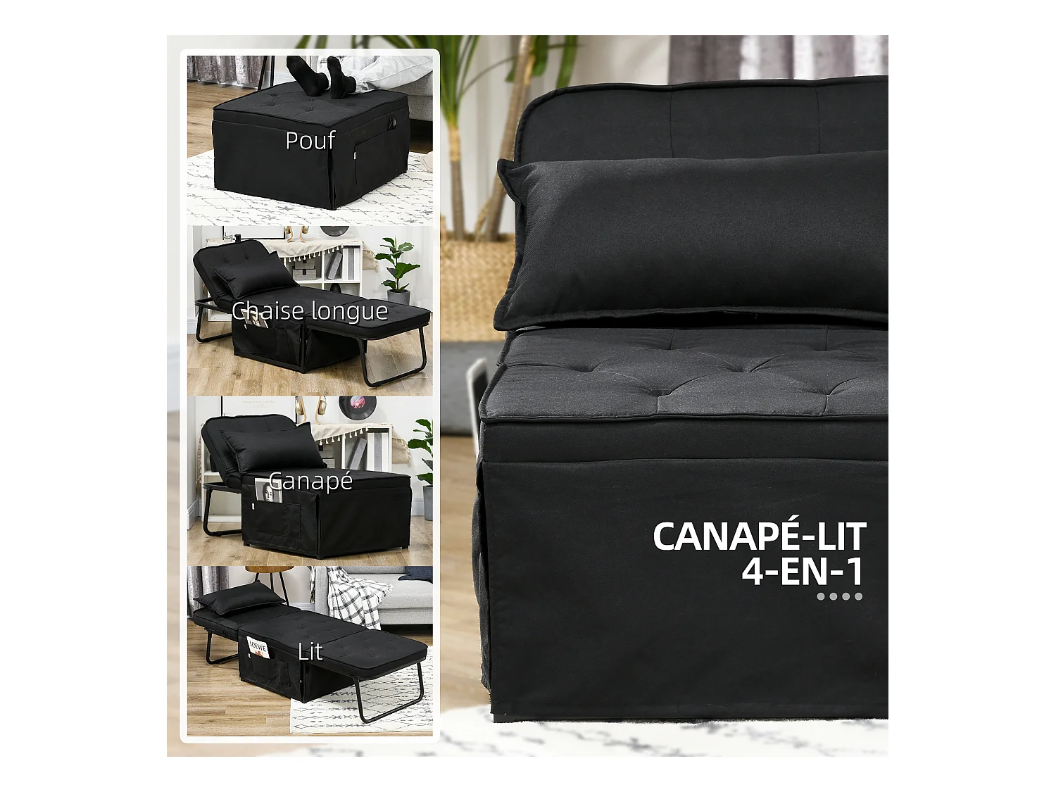 Fauteuil chaise longue lit pouf 4 en 1 dossier inclinable 5 niveaux repose-pied rabattable châssis acier noir tissu noir
