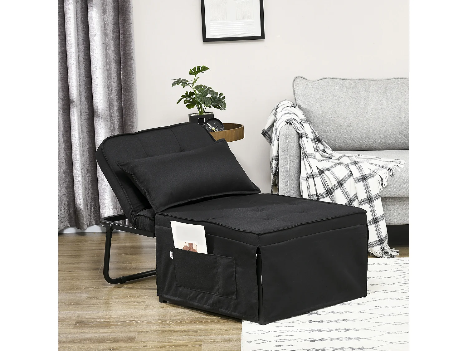 Fauteuil chaise longue lit pouf 4 en 1 dossier inclinable 5 niveaux repose-pied rabattable châssis acier noir tissu noir