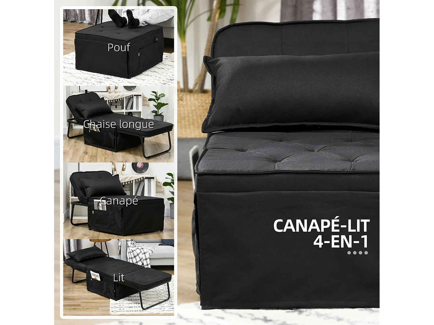 Fauteuil chaise longue lit pouf 4 en 1 dossier inclinable 5 niveaux repose-pied rabattable châssis acier noir tissu noir