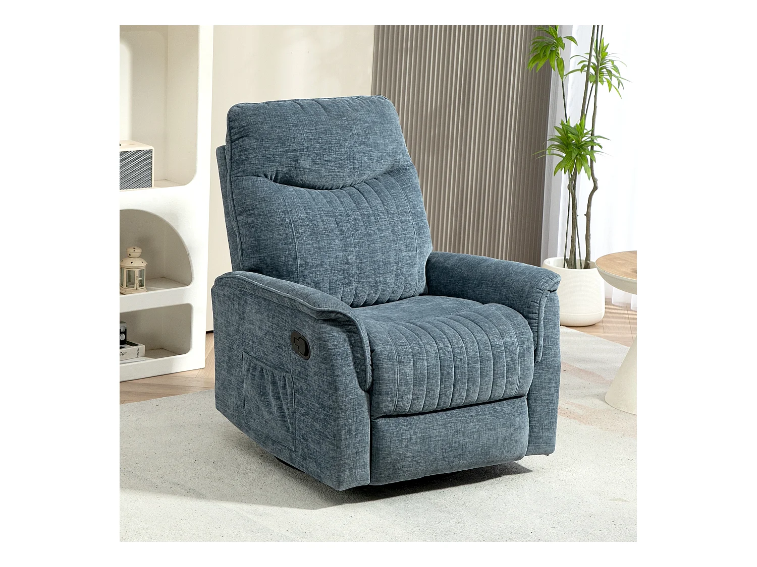 Fauteuil relax inclinable repose-pieds rétractable pivotant pochette rangement intégrée tissu bleu chiné