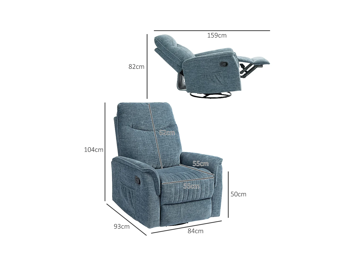 Fauteuil relax inclinable repose-pieds rétractable pivotant pochette rangement intégrée tissu bleu chiné