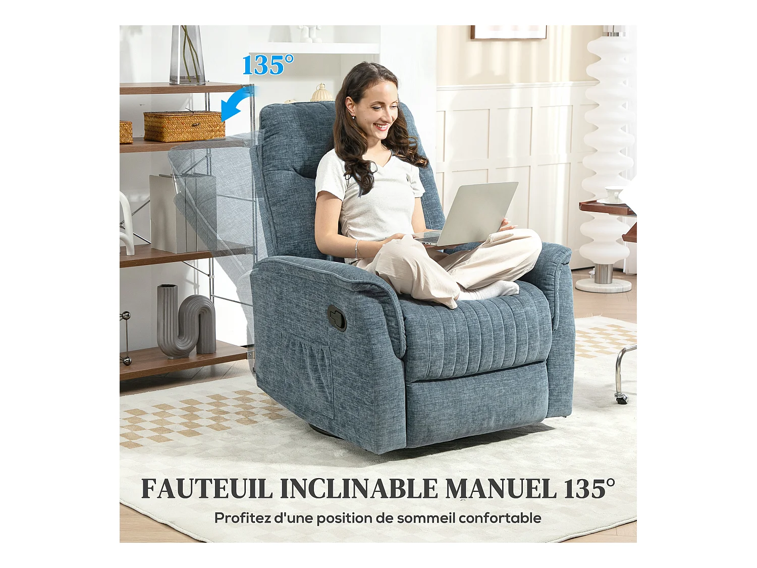 Fauteuil relax inclinable repose-pieds rétractable pivotant pochette rangement intégrée tissu bleu chiné