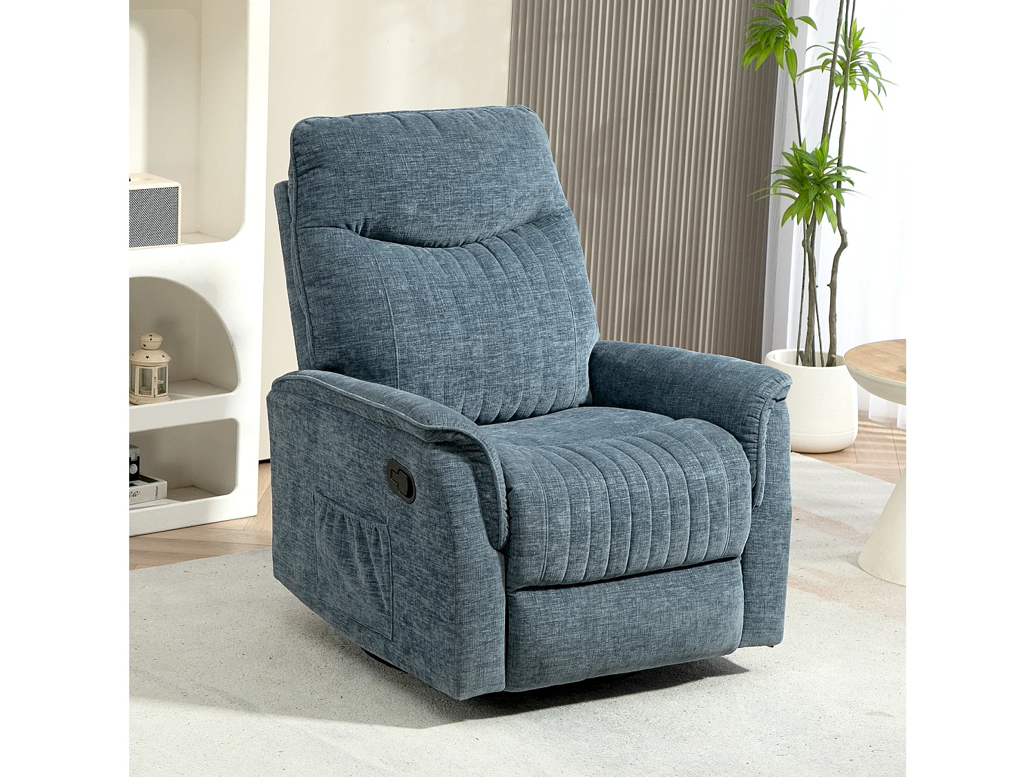 Fauteuil relax inclinable repose-pieds rétractable pivotant pochette rangement intégrée tissu bleu chiné