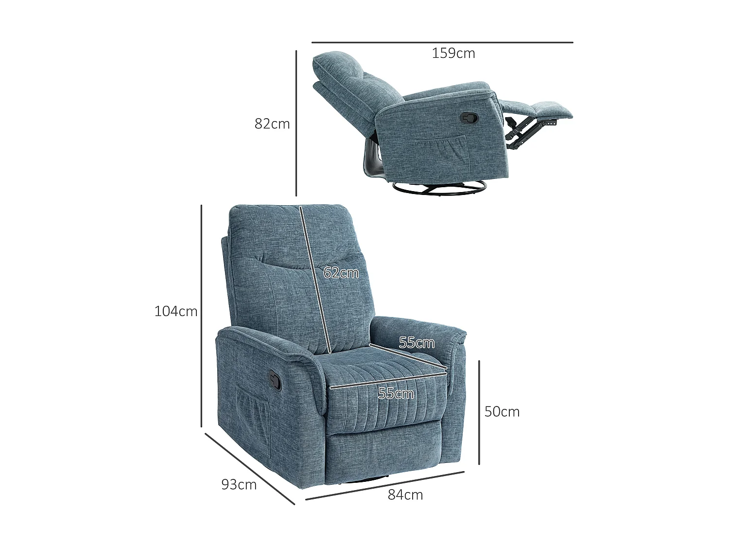 Fauteuil relax inclinable repose-pieds rétractable pivotant pochette rangement intégrée tissu bleu chiné