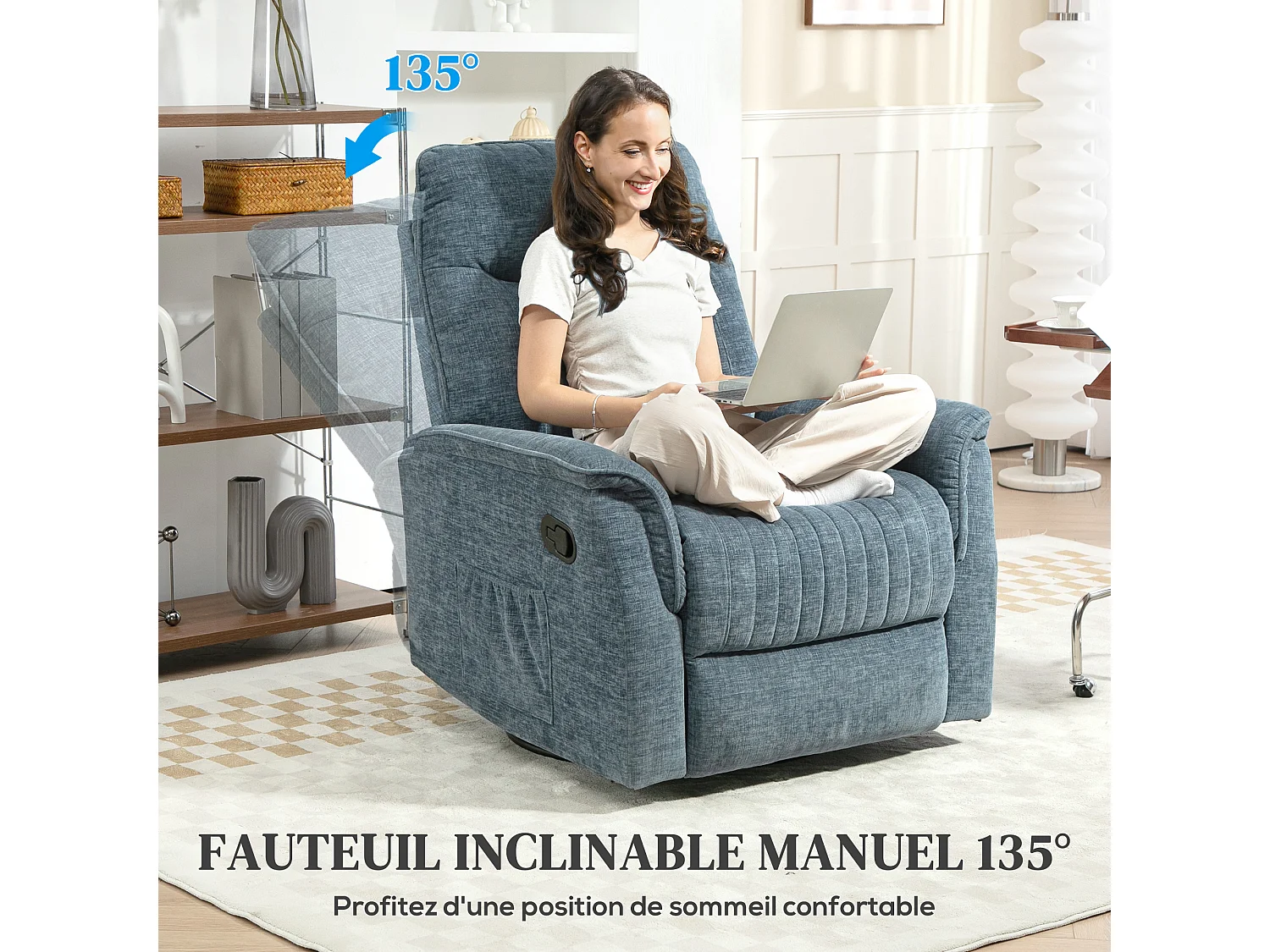 Fauteuil relax inclinable repose-pieds rétractable pivotant pochette rangement intégrée tissu bleu chiné
