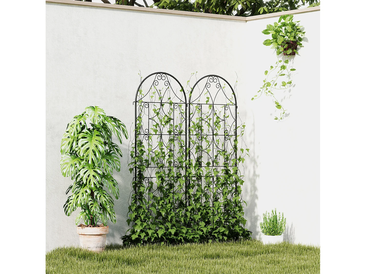 Treillis de jardin effet fer forgé - lot de 2 supports pour plantes grimpantes - 50 x 150 cm - métal époxy noir