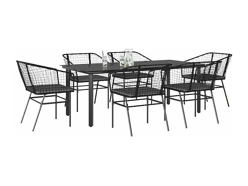 Ensemble à manger de jardin coussins 7pcs noir poly rotin verre