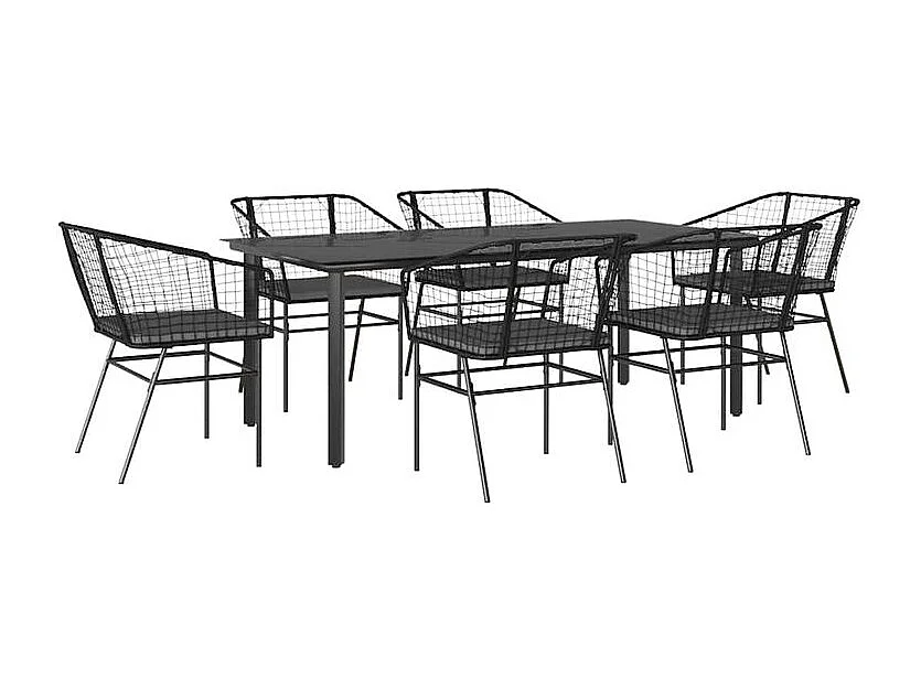 Ensemble à manger de jardin coussins 7pcs noir poly rotin verre