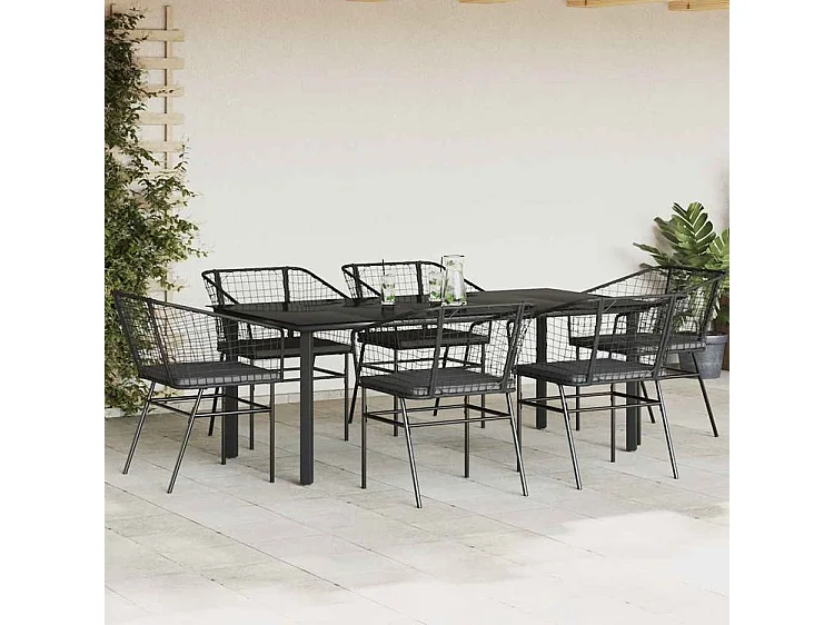 Ensemble à manger de jardin coussins 7pcs noir poly rotin verre