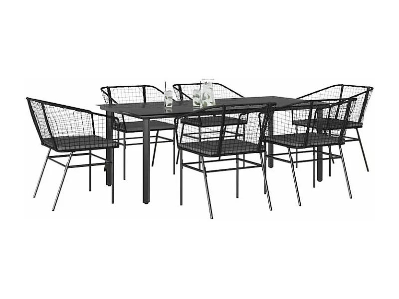 Ensemble à manger de jardin coussins 7pcs noir poly rotin verre