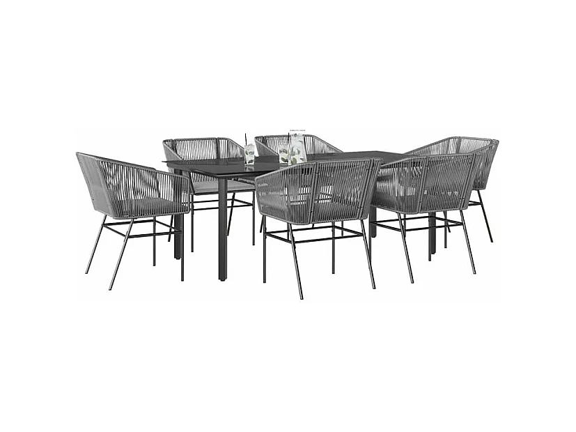 Ensemble à manger jardin coussins 7 pcs gris poly rotin verre