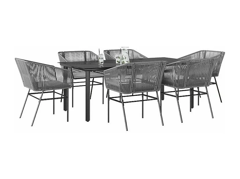 Ensemble à manger jardin coussins 7 pcs gris poly rotin verre