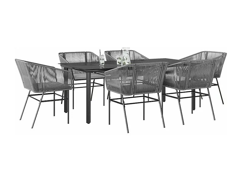 Ensemble à manger jardin coussins 7 pcs gris poly rotin verre