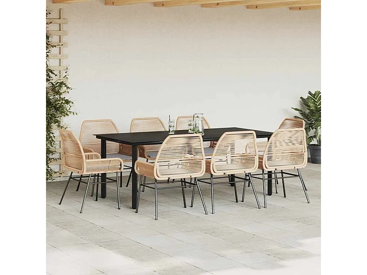 Ensemble à manger jardin coussins 9pcs marron poly rotin verre