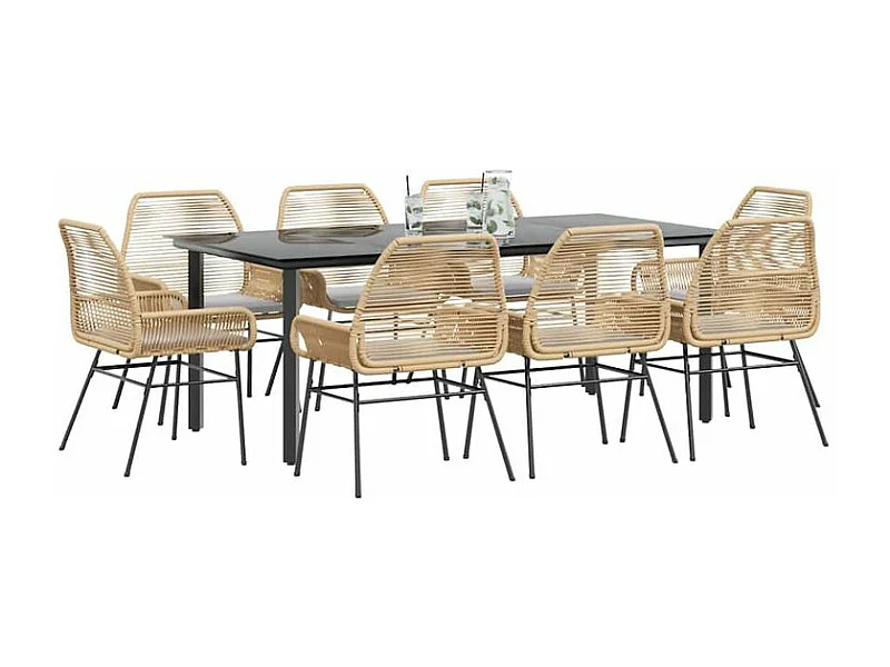 Ensemble à manger jardin coussins 9pcs marron poly rotin verre