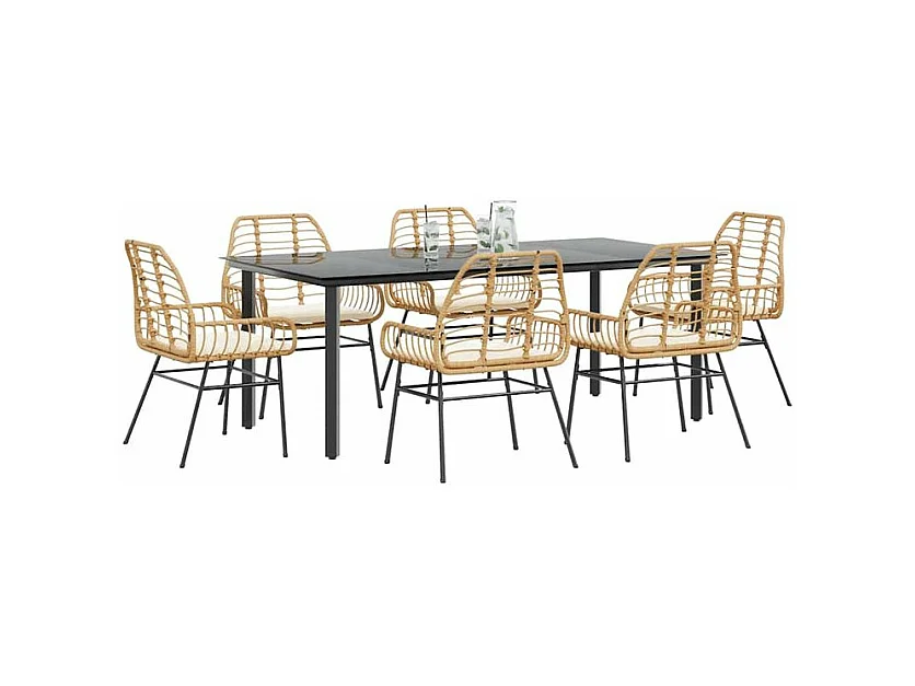 Ensemble à manger jardin coussins 7pcs marron poly rotin verre