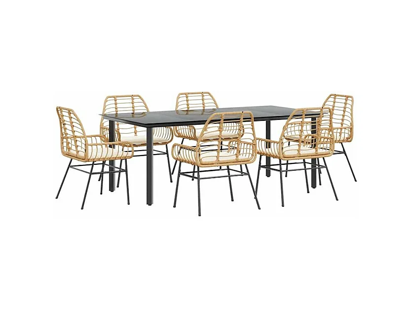 Ensemble à manger jardin coussins 7pcs marron poly rotin verre