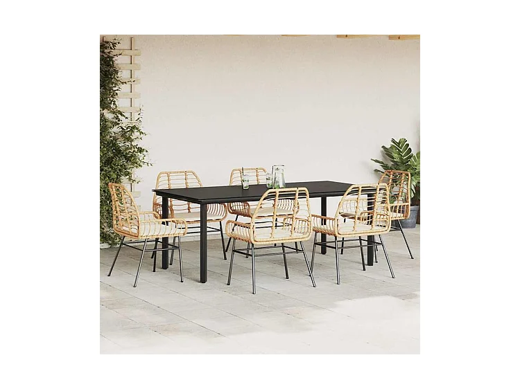 Ensemble à manger jardin coussins 7pcs marron poly rotin verre