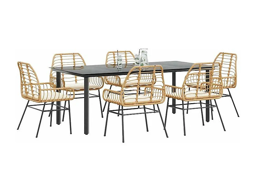 Ensemble à manger jardin coussins 7pcs marron poly rotin verre