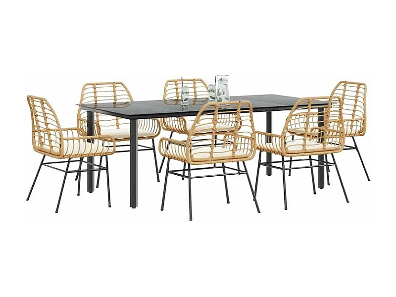 Ensemble à manger jardin coussins 7pcs marron poly rotin verre
