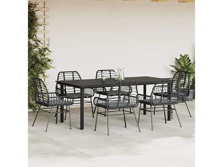 Ensemble à manger de jardin coussins 7pcs noir poly rotin verre