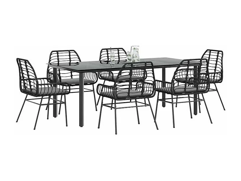 Ensemble à manger de jardin coussins 7pcs noir poly rotin verre