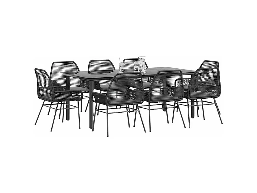Ensemble à manger de jardin coussins 9pcs noir poly rotin verre