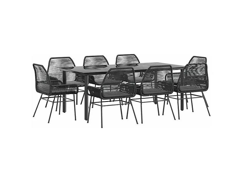 Ensemble à manger de jardin coussins 9pcs noir poly rotin verre