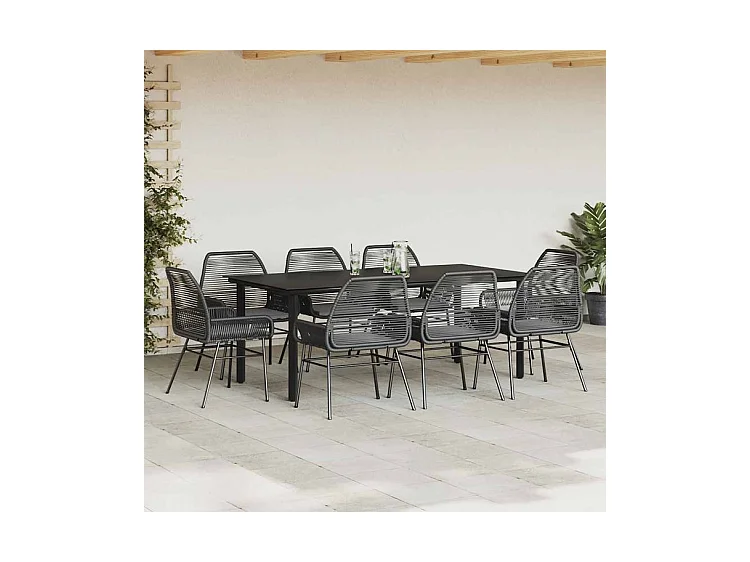 Ensemble à manger de jardin coussins 9pcs noir poly rotin verre