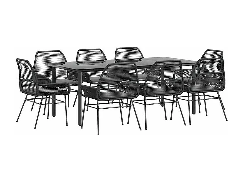 Ensemble à manger de jardin coussins 9pcs noir poly rotin verre