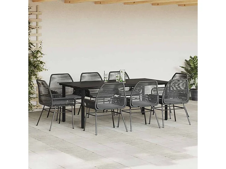 Ensemble à manger de jardin coussins 9pcs noir poly rotin verre