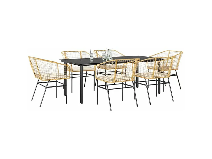 Ensemble à manger jardin coussins 7pcs marron poly rotin verre