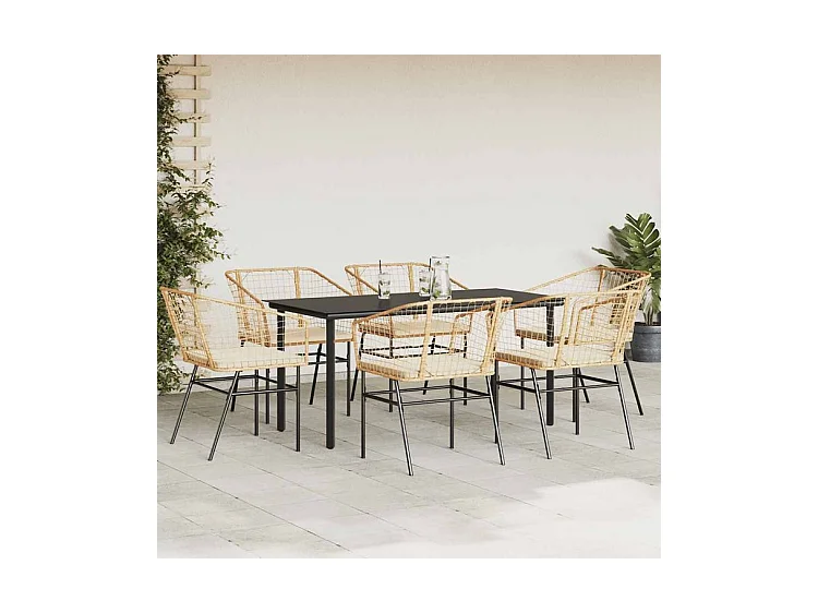 Ensemble à manger jardin coussins 7pcs marron poly rotin verre